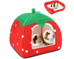 Cavia bedje - 31×31×33cm - Schattig winterverblijf voor knaagdieren - Rode aardbeien hol met zachte padding - Knaagdier accessoire - Geschikt als konijnenbed en cavia accessoire (Maat S)