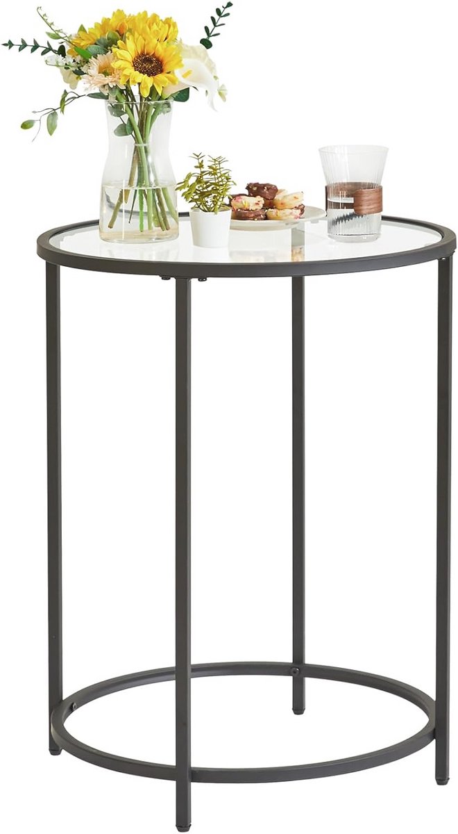 YMYNY Bijzettafel, salontafel, rond, van gehard glas, metalen frame, transparant, 50 x 65 cm, smal nachtkastje, banktafel voor woonkamer, balkon, kantoor, zwart HGD020B