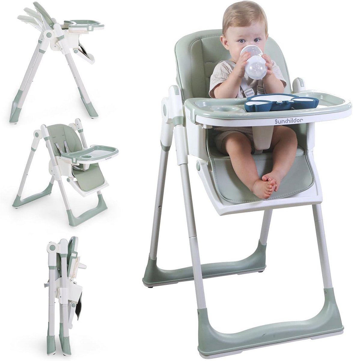 Sunchildor 3-in-1 babystoel met wielen, verstelbaar 5-punts harnas, dienblad, voetsteun, rugleuning en zithoogte, opvouwbare kinderstoel voor peuters, beige
