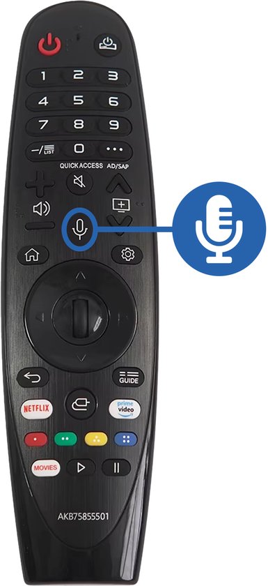 Zwart Ibley afstandsbediening met microfoonknop en navigatiekruis. Voice control indicator.