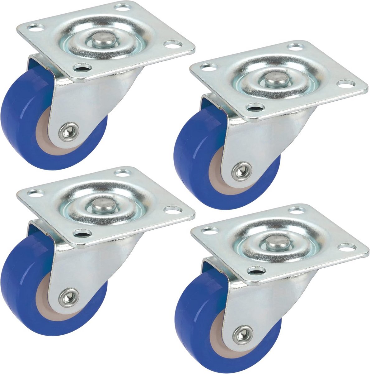 Set Zwenkwielen 30x14 mm - 4 Stuks Polyurethaan Blauw met Schroeven - Draagkracht 20 kg/rol