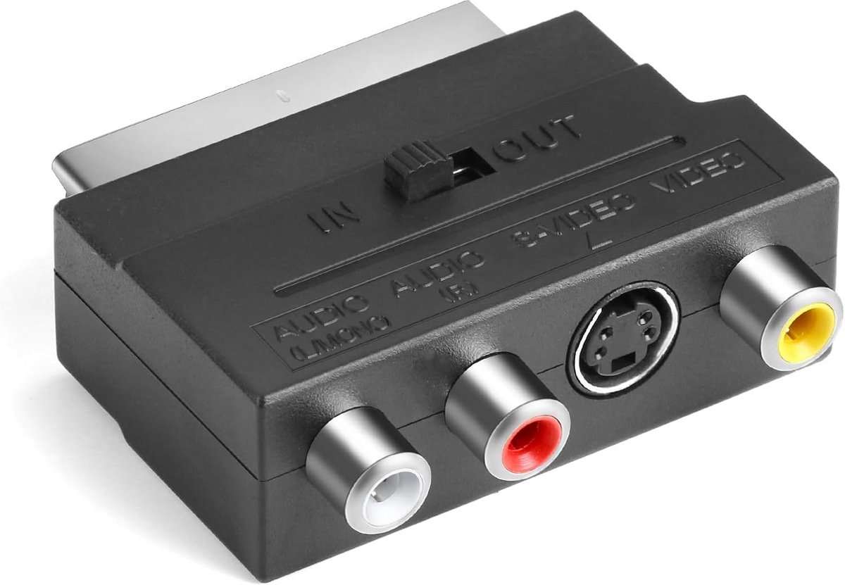 Scart naar 3x Tulp (RCA) en S-Video Adapter met In/Uit Schakelaar