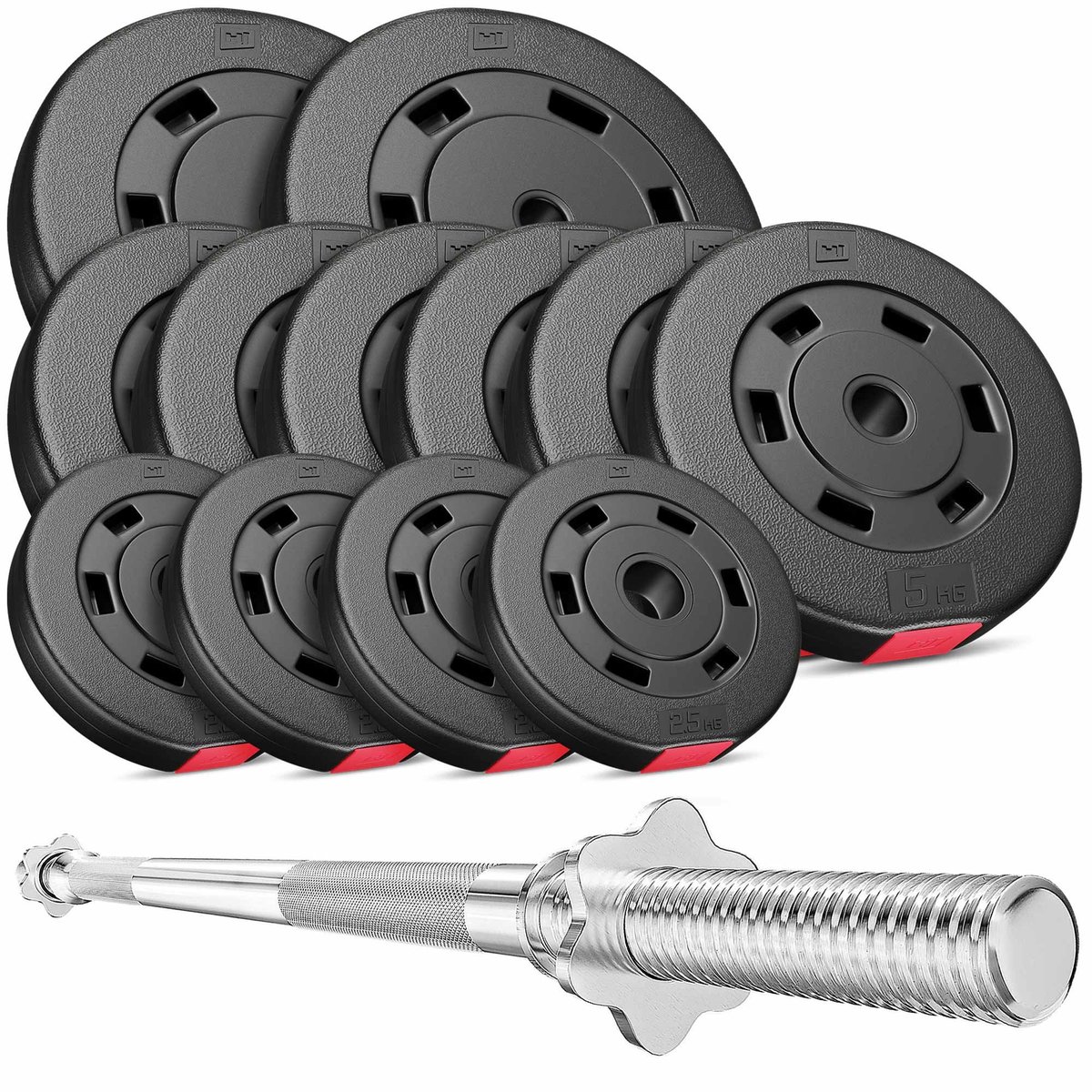 Hop-Sport Kunststof Halterset 69 kg – Halterset met Lange Halterstang – Ø 30 mm – 167 cm – Inclusief Halterschijven