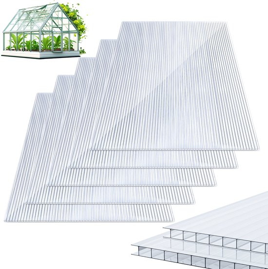 Vijf transparante polycarbonaat platen op een rij, met een close-up van de structuur van twee dikkere platen.