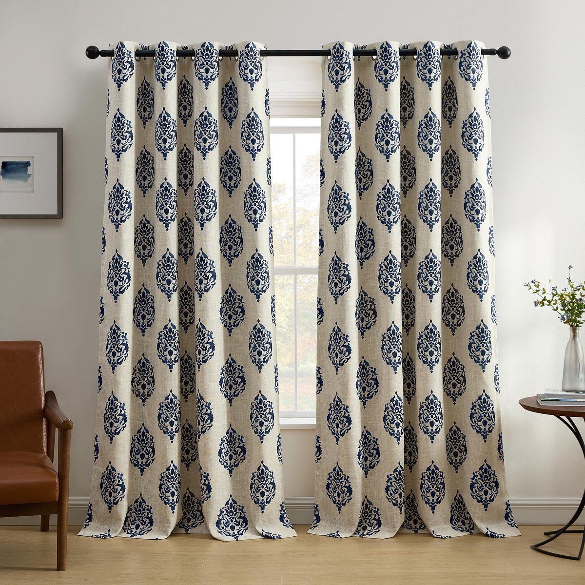 Unyqoos Verduisteringsgordijn met Medaillonpatroon voor Slaapkamer en Woonkamer Marineblauw