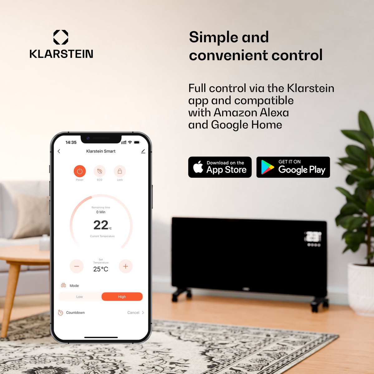 Klarstein elektrische kachel, convectiekachel, vrijstaand of wandmodel, energiebesparende elektrische kachel, app-gestuurd, stille elektrische kachel, vrijstaande elektrische radiator met thermostaat, 1500 W – foto 6