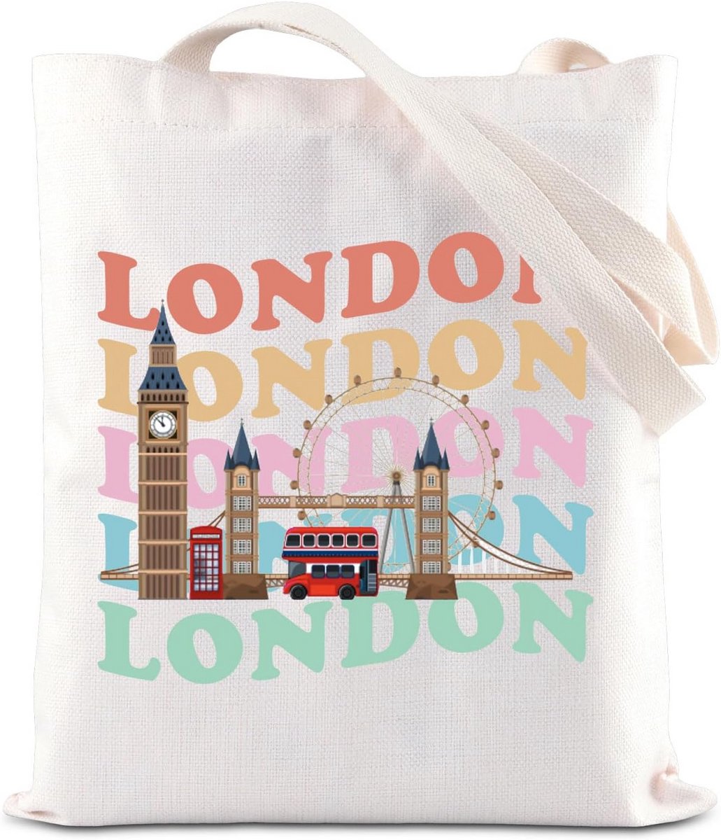 Grote Canvas Draagtas met Londen Thema - Herbruikbare Boodschappentas voor School en Reizen