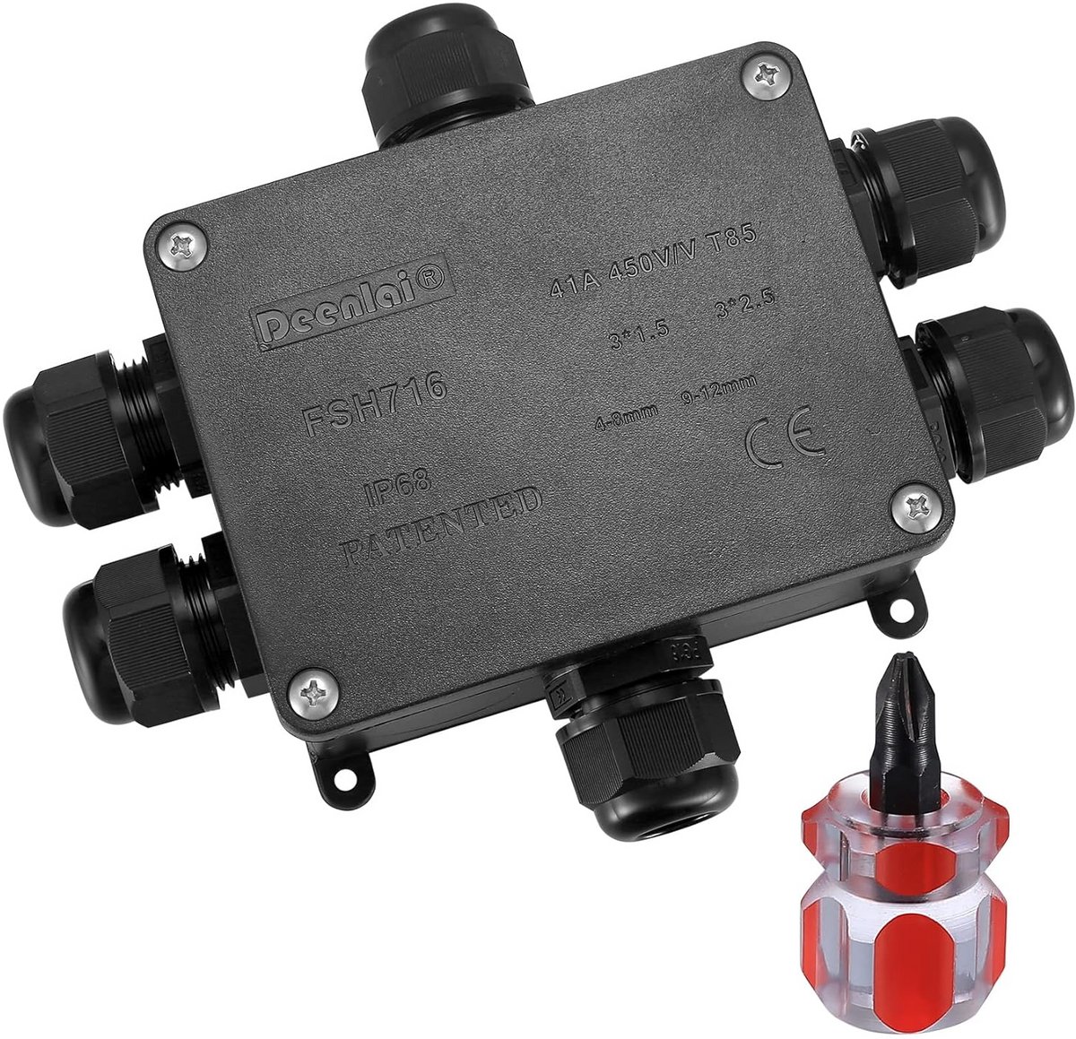 SnelShoppen - IP68 Waterdichte Aansluitdoos, Buiten Kabelverbinder voor Ø4mm-14mm Ronde Kabels, Tuin Waterdichte Verdeeldoos, 6-Weg Stekkerdoos, Zwart