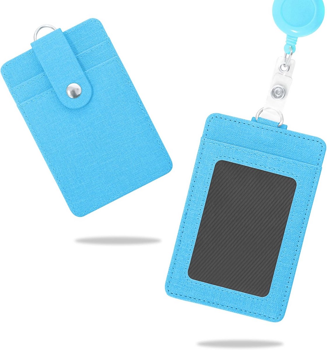 Retractable Lanyard ID Card Holder - Faux Leather Holder for 2 Cards in Sky Blue