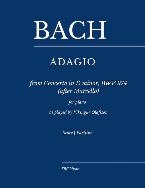 Blauwe cover van Bach Adagio voor piano, BWV 974, gespeeld door Víkingur Ólafsson, tekst in wit.