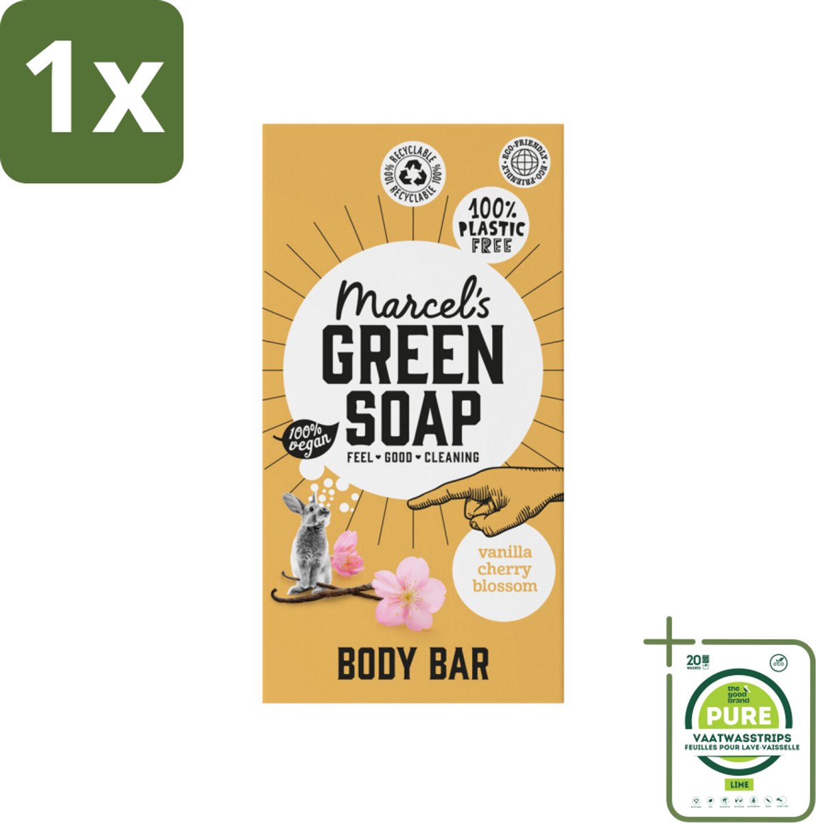 1 x Marcel's Green Soap - Body Bar - Vanilla & Cherry Blossom - Verzorgend & zacht - 150 gr - Biologische Zeep - Vegan Zeep - Plasticvrije Zeep - Natuurlijke Zeep - Douchezeep