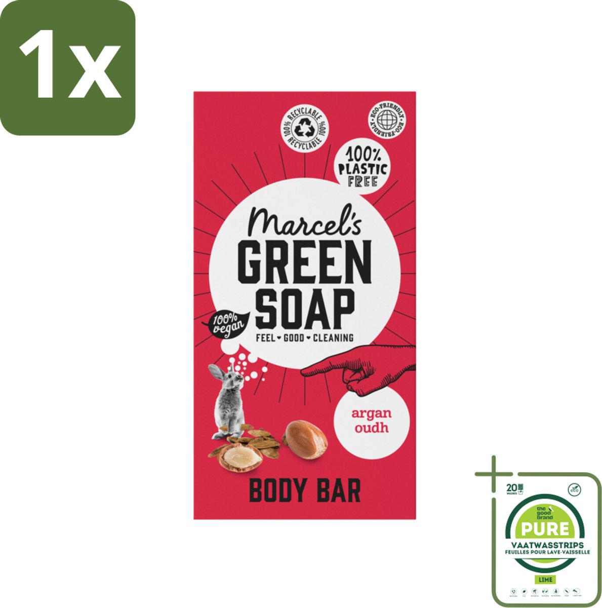 1 x Marcel's Green Soap - Body Bar - Argan & Oudh - Verzorgend & zacht - 150 gr - Natuurlijke Zeep - Vegan Zeep - Biologische Zeep - Argan Olie - Oudh Geur