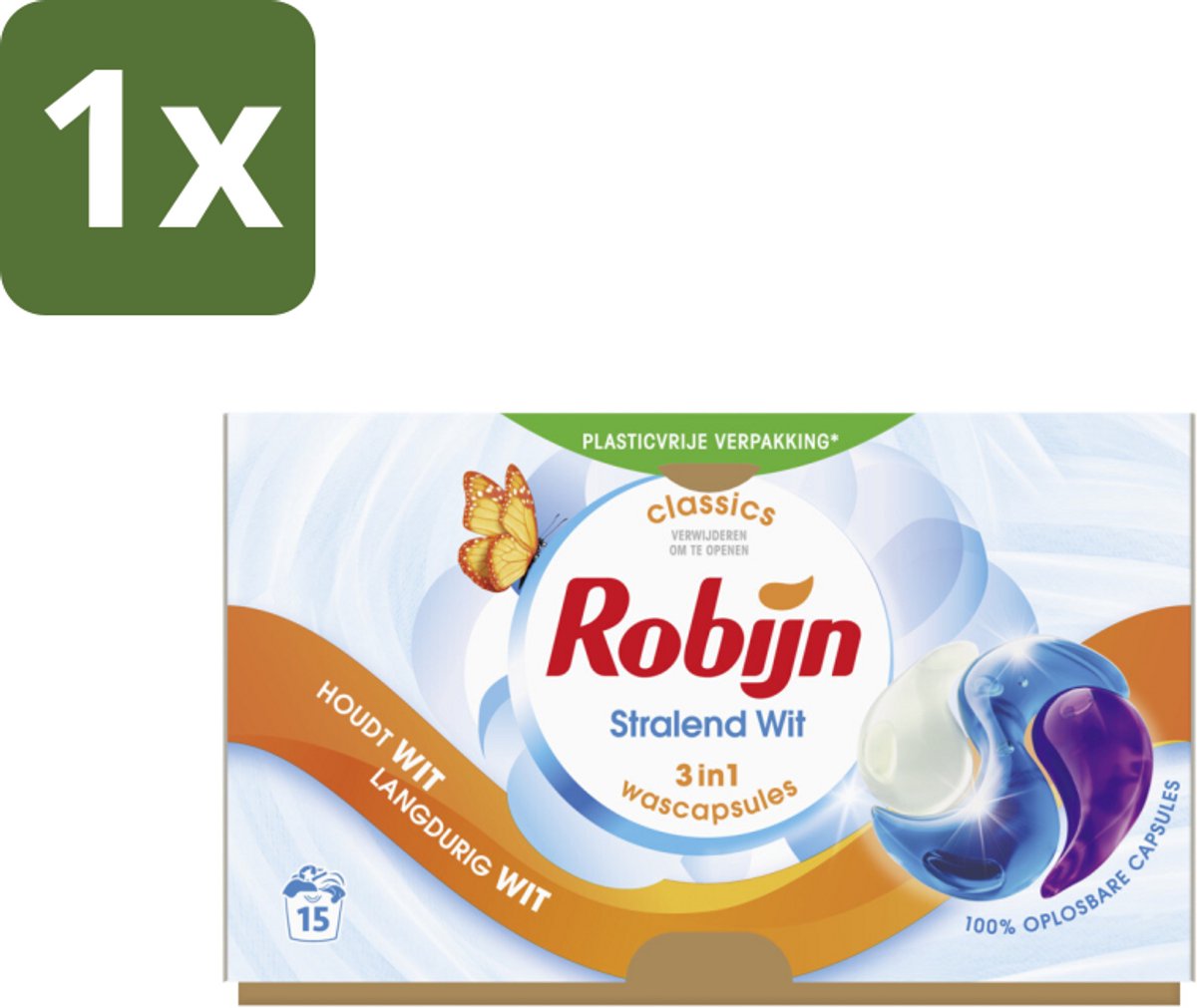 1 x Robijn - 3-in-1 Stralend Wit - Wascapsules - 15 Wasbeurten - Wit Was - Stralend Wit - Wascapsules - White Serum - Wasverzachter