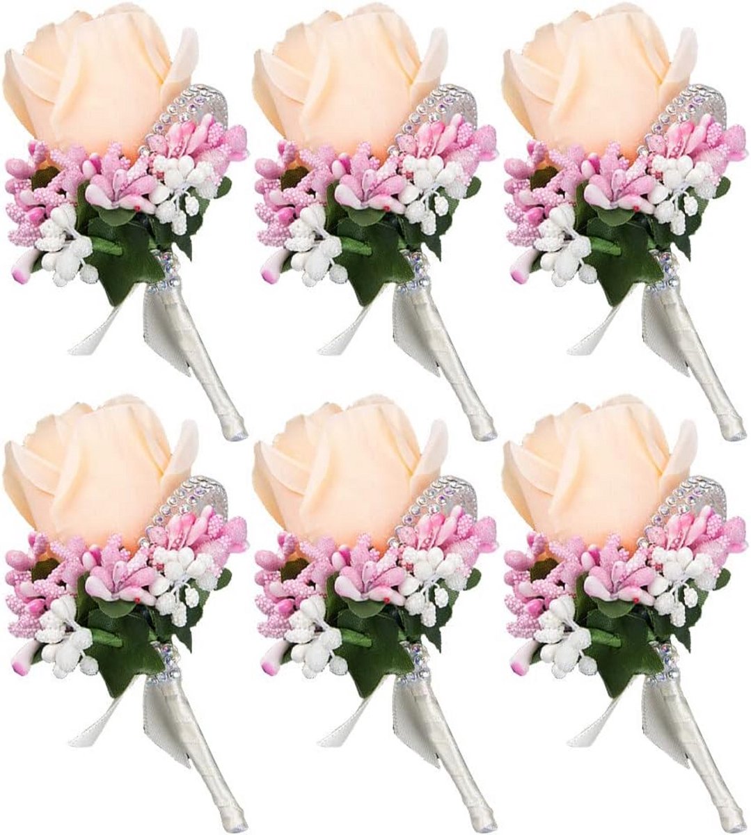 6x Bruiloft Corsages en Boutonnieres Set - Handgemaakte Roos Kunstbloemen voor Bruid, Bruidegom en Feest Decoratie
