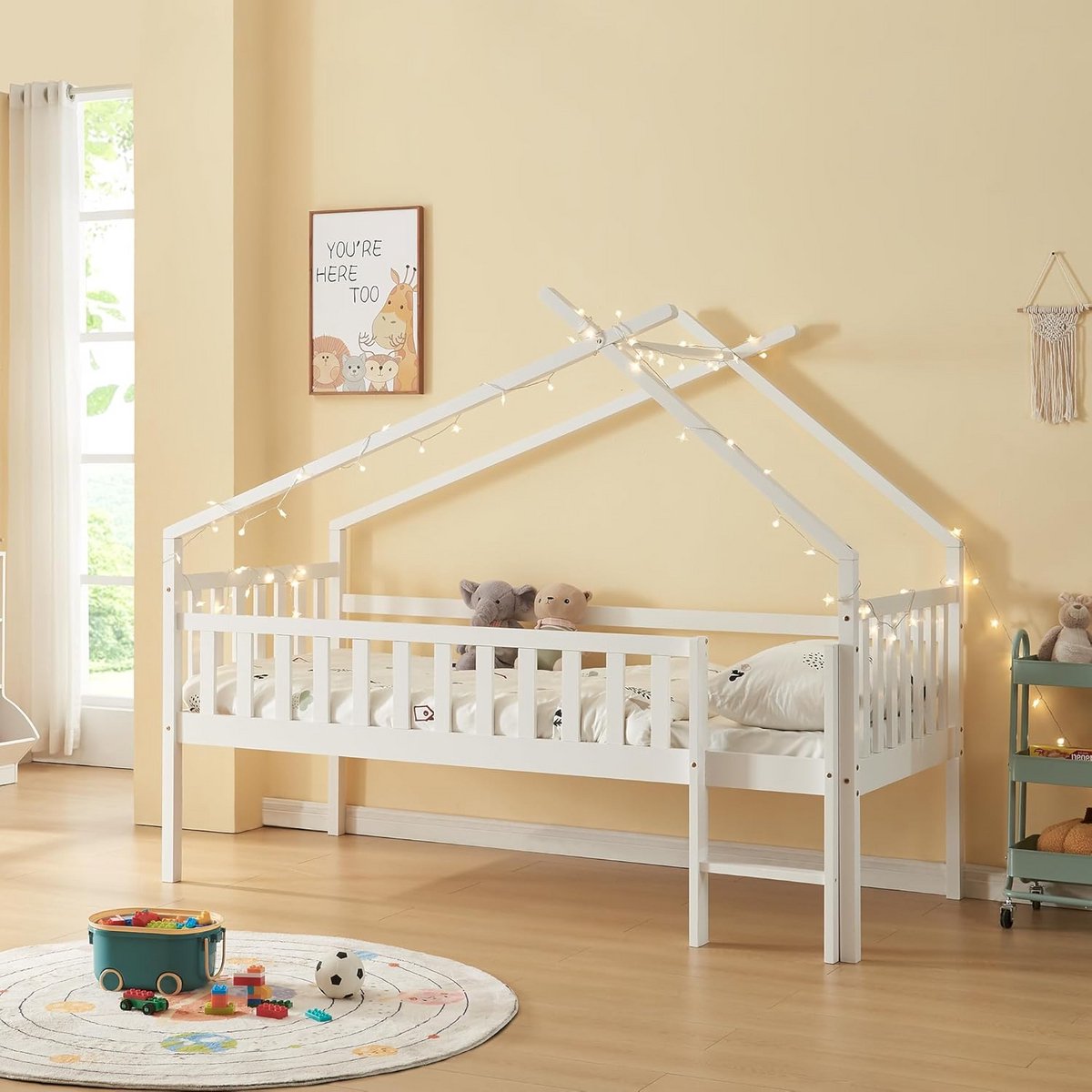 Kinderbed huisbed peuterbed met uitvalbeveiliging hoog – 90x200 cm naturel