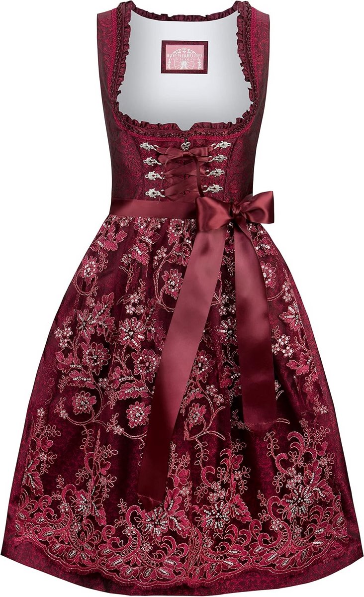 Traditionele Rode Dirndl Jurk voor Dames met Jacquard Patroon en Kant