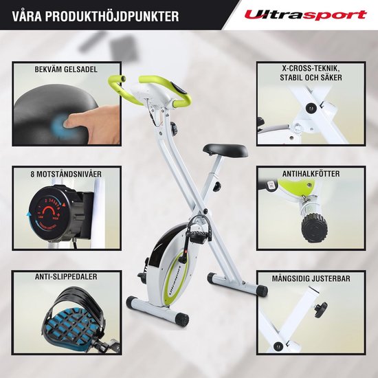 Detailfoto's van witte hometrainer met groene accenten: comfortabel zadel, 8 weerstandsniveaus, antislip pedalen, anti-halkpoten, x-cross techniek.