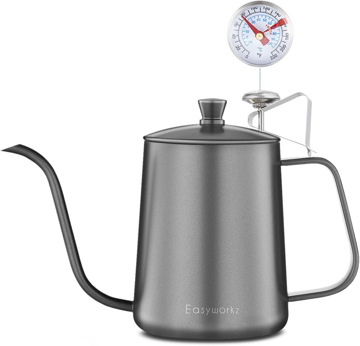 Gooseneck Pour Over Coffee Kettle 600ml met Thermometer - Roestvrij Stalen Koffiepitcher met Lang Smal Tuit