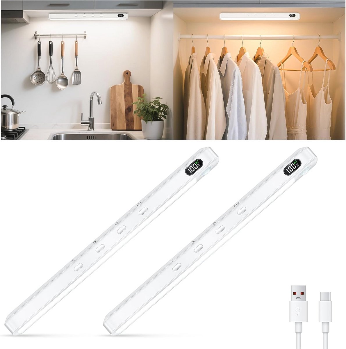 Led-kastverlichting met bewegingsmelder | Oplaadbaar en Dimbaar | 2 Stuks voor Keuken, Kledingkast en Slaapkamer