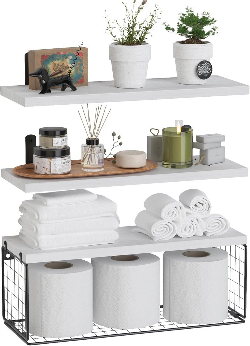 Badkamerplank boven toilet met wandmontage en draadmand - Moderne zwevende plank in wit