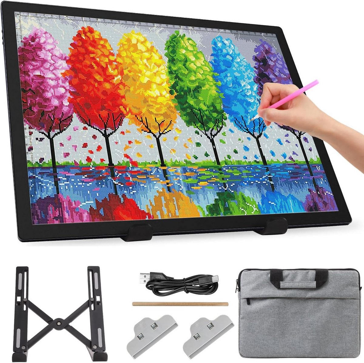 Lichtbak A3 met tas/standaard, oplaadbare LED lichtpad, dimbaar in 3 kleuren en 6 helderheidsinstellingen voor diamant schilderen, tekenen, schetsen en tattoo's