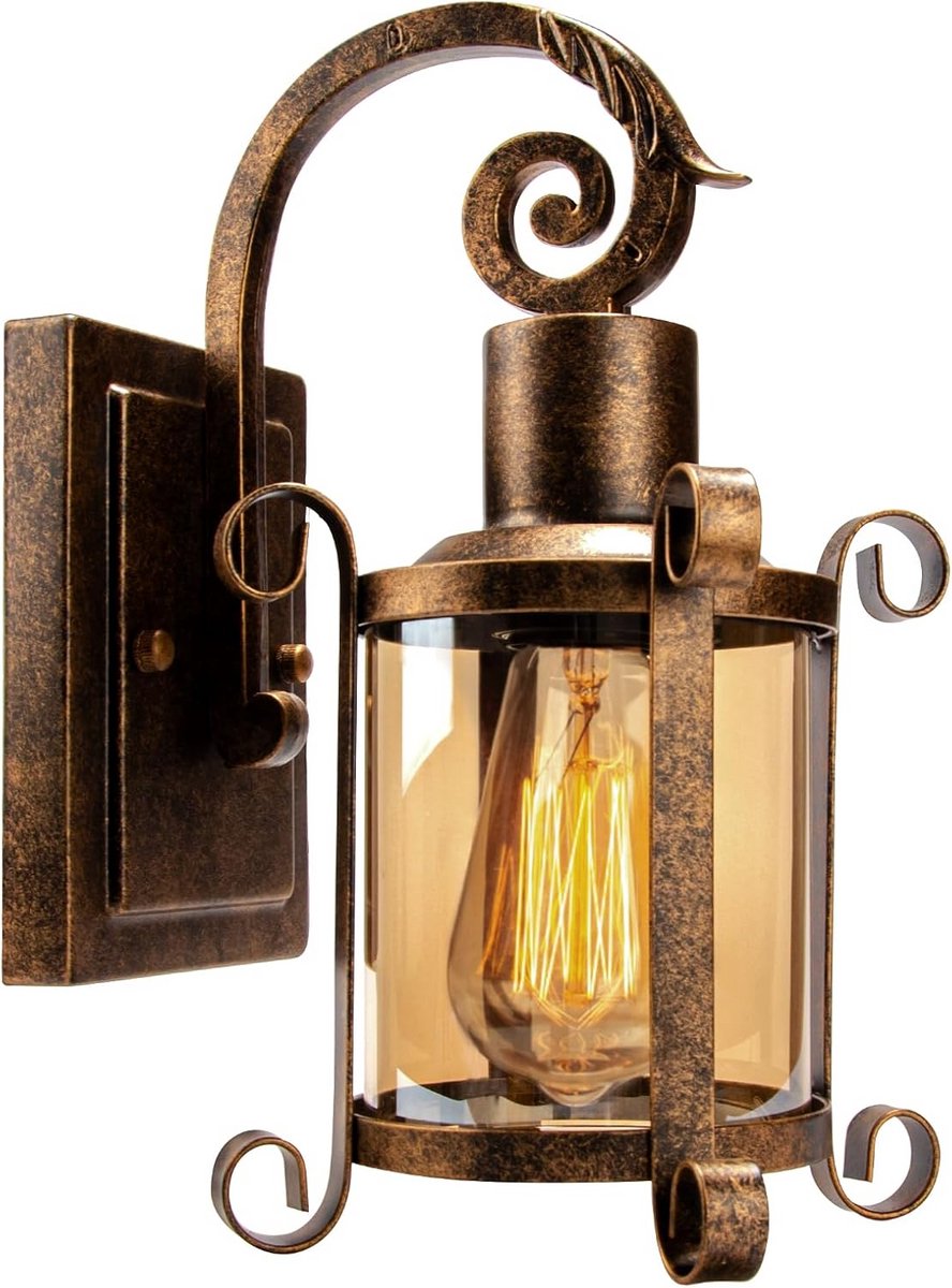 Set van 2 Rustieke Wandlampen Brons Geborsteld met Barnsteenkleurig Glas | Industriële Binnen/Buitenverlichting