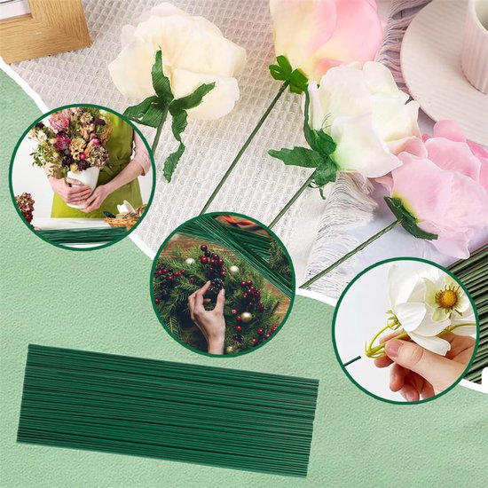 Een collage toont rozen, een kerstkrans en bloemschikken, met groene bloemendraden op de voorgrond.
