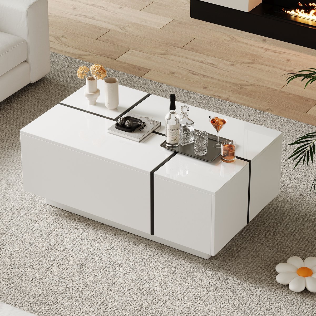 Wishdor Salontafel 100x60x40 cm van spaanplaat, wit met zwart spleis en 4 lades, hoogglans bovenblad, modern design