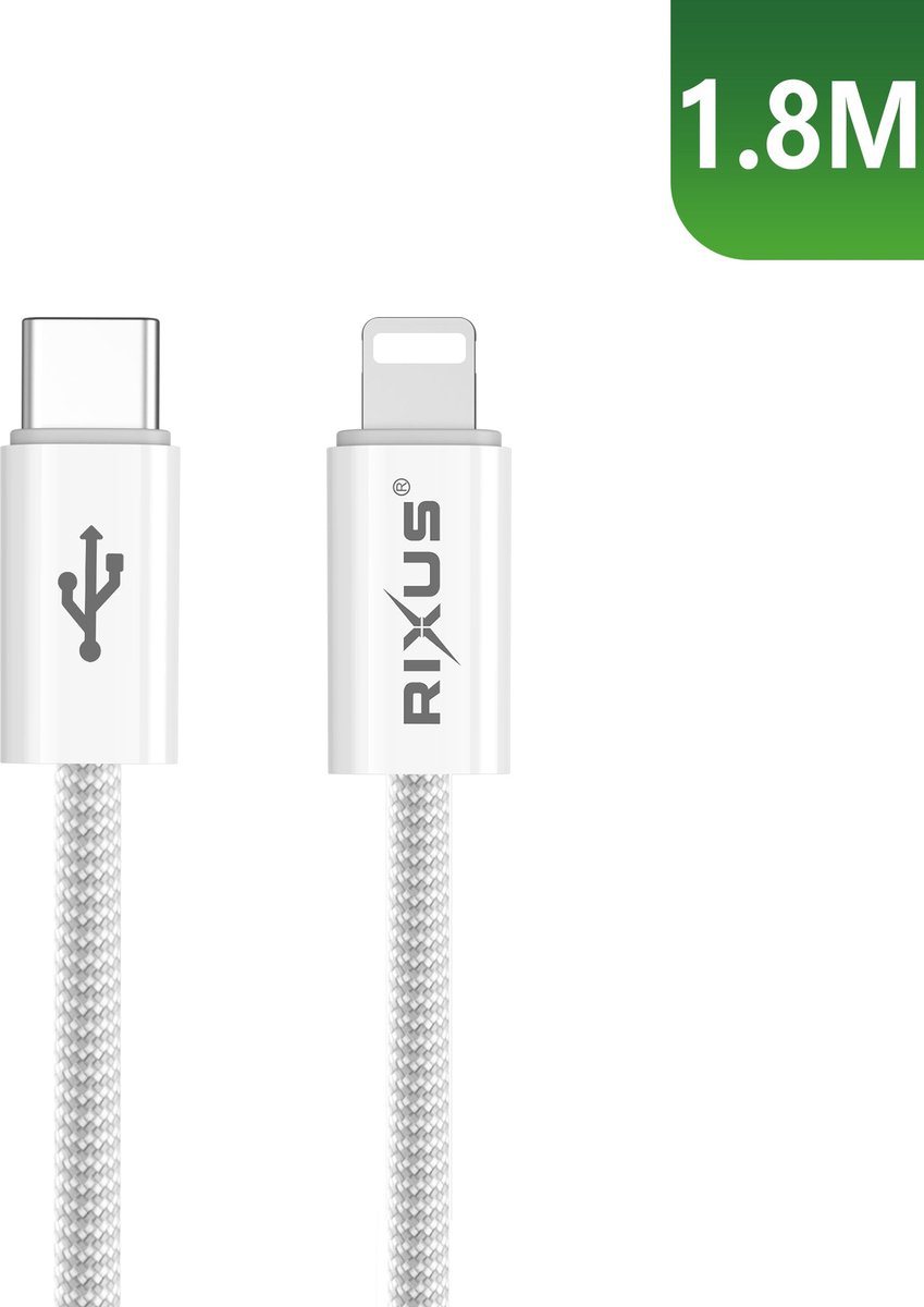 Rixus RXUC08L Fast Charging Cable USB-C To Lightning Cable Braided Nylon 1.8m White