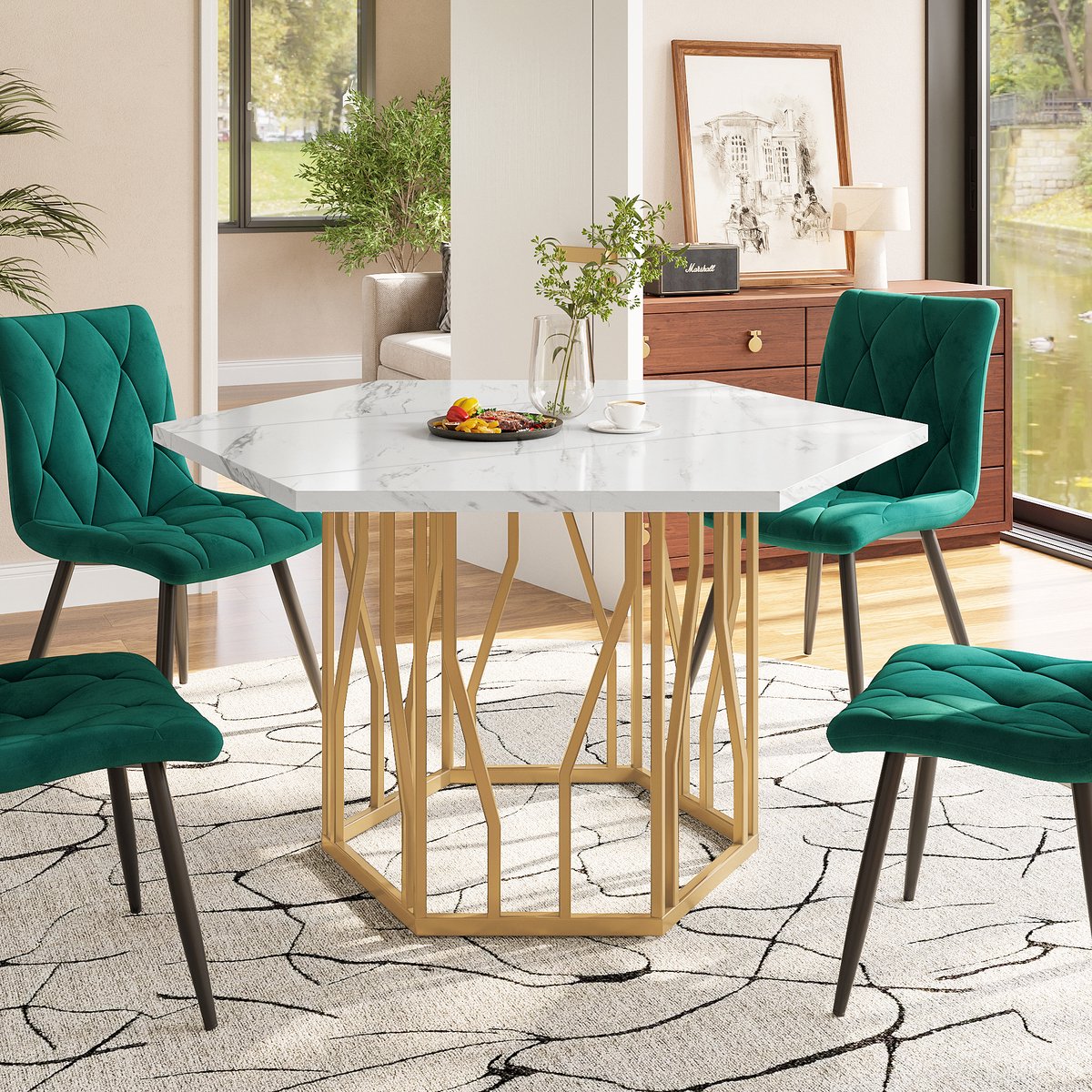 Moderne zeshoekige marmeren eettafel - metalen takkenonderstel - minimalistische salontafel - voor eetkamer en woonkamer - goudkleurig