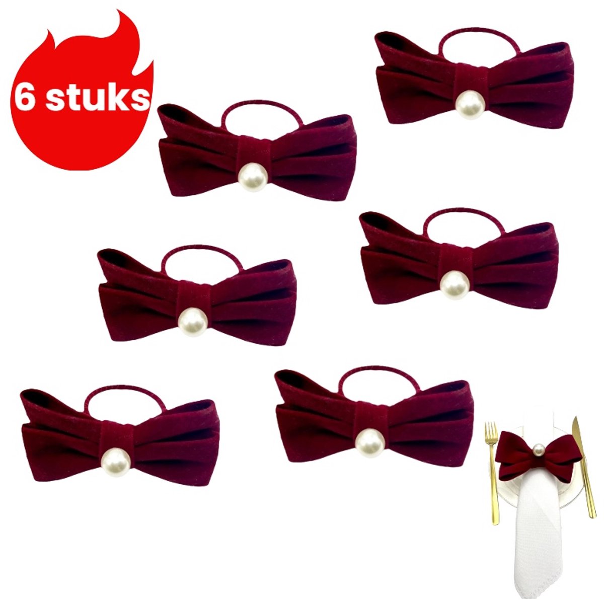6-delige kerst premium servetring - fluwelen strik tafelgesp - rood