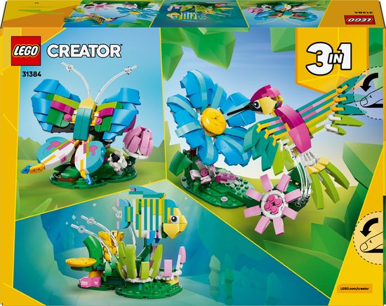 Set LEGO Creator 31384 avec un papillon, un colibri et des poissons faits de briques LEGO dans des couleurs bleues, roses et vertes.