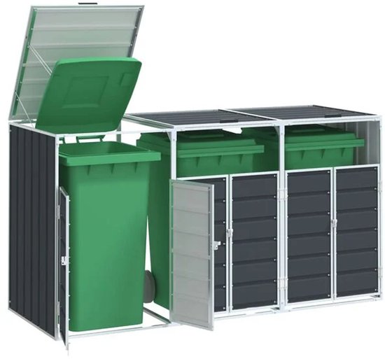 Kliko ombouw met drie compartimenten, antracietgrijs met aluminium frame. Een groene kliko staat in het eerste open compartiment.