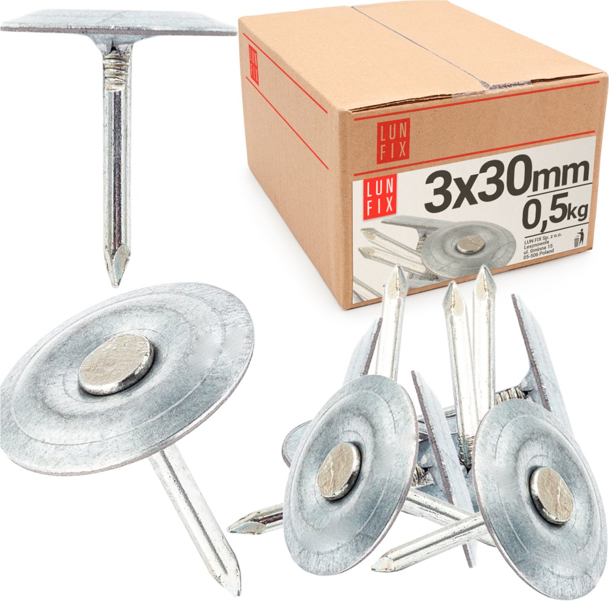 LUN FIX - Dakspijkers met onderlegger 3 x 30 mm - 0,5 kg (ca. 76 stuks) - Verzinkte - Dakbedekking spijkers