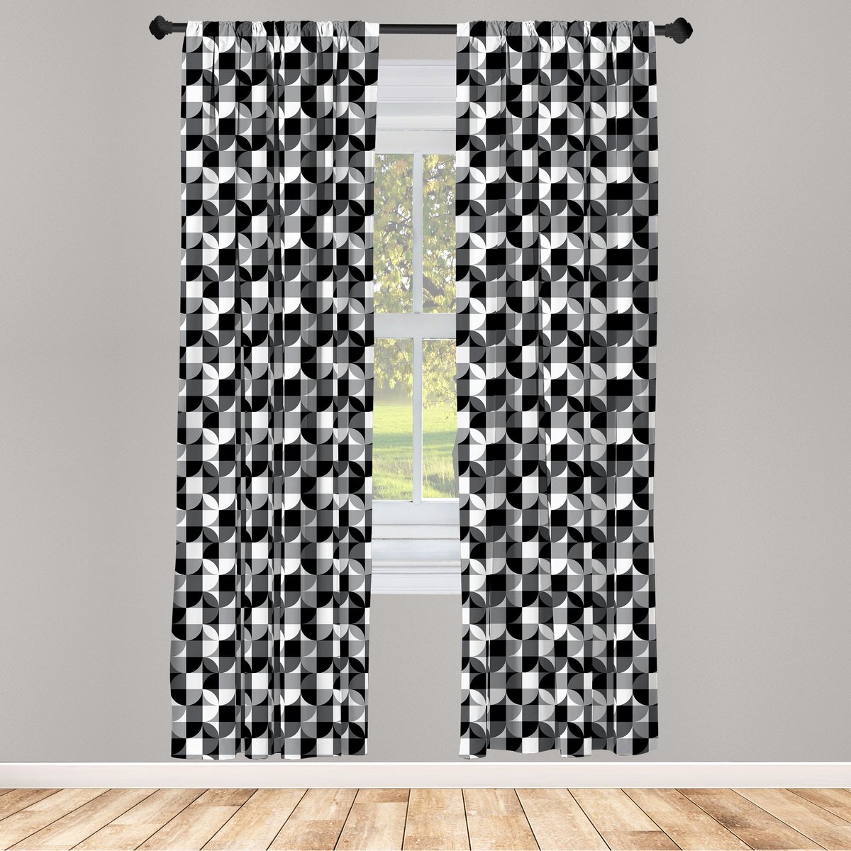 ABAKUHAUS Zwart en Grijs Raamgordijnen, Graustufen- Cirkel, Lichtgewicht decoratieve 2-delige set met roedezak, 2 stuks 75 cm B x 175 cm L, Zwart wit Grijs