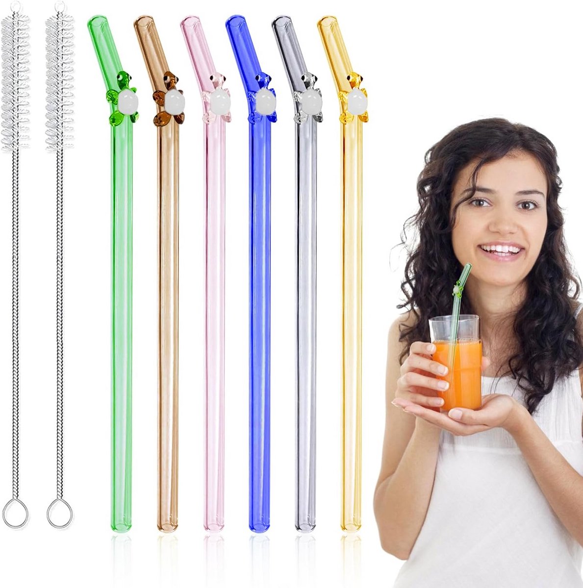 Set van 6 Herbruikbare Gekleurde Glazen Rietjes met Schoonmaakborstels