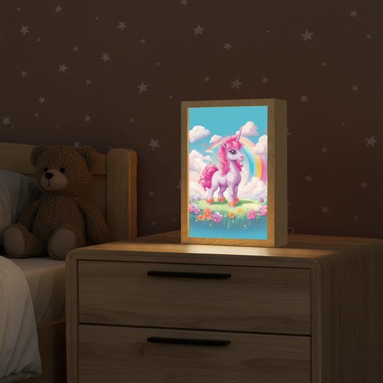 Nachtlampje 20x30 cm - Kinder lamp - Unicorn - Meisjes - Bloemen - Regenboog - Eenhoorn - Tafellamp kinderkamer - Slaapkamer lamp - Bedlamp kinderen - Kinderlampje stopcontact - Wandlamp babykamer - Nachtlampjes van Merkloos — afbeelding 2