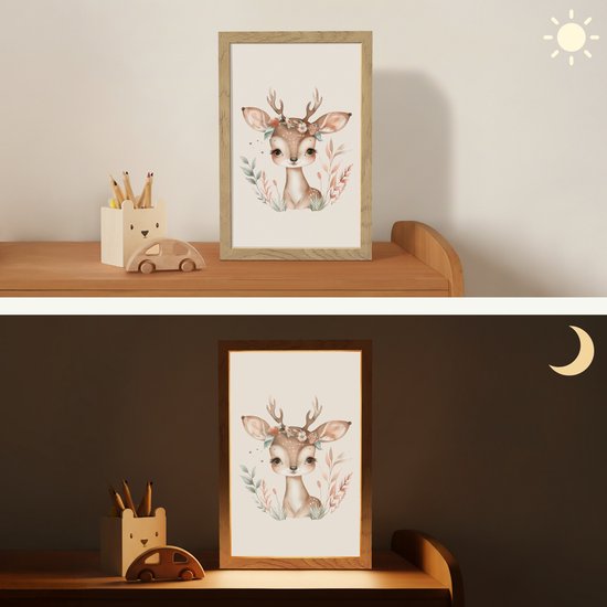 Nachtlampje 20x30 cm - Kinder lamp - Hert - Bohemian - Bloemen - Bosdieren - Tafellamp kinderkamer - Slaapkamer lamp - Bedlamp kinderen - Kinderlampje stopcontact - Wandlamp babykamer - Nachtlampjes van Merkloos — afbeelding 4