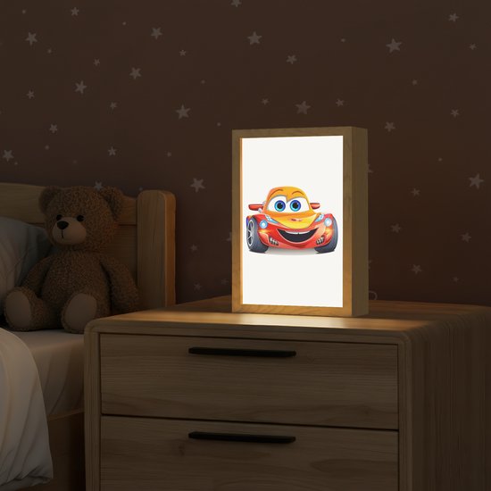 Nachtlampje 20x30 cm - Kinder lamp - Raceauto - Oranje - Jongens - Kinderen - Auto - Tafellamp kinderkamer - Slaapkamer lamp - Bedlamp kinderen - Kinderlampje stopcontact - Wandlamp babykamer - Nachtlampjes van Merkloos — afbeelding 2
