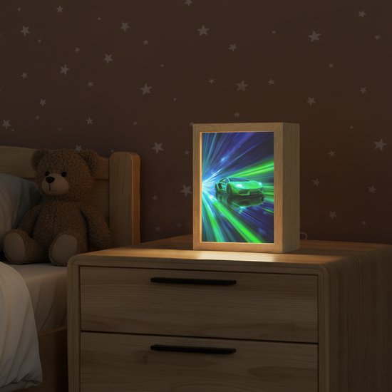 Nachtlampje 15x20 cm - Kinder lampje - Snelheid - Licht - Sportwagen - Groen - Tafellamp kinderkamer - Slaapkamer lamp - Bedlamp kinderen - Kinderlampje stopcontact - Wandlamp babykamer - Nachtlampjes van OnlyWow — afbeelding 2
