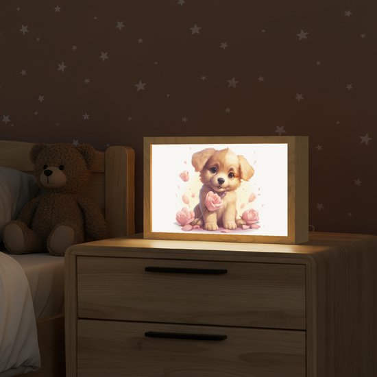 Nachtlampje 30x20 cm - Kinder lampje - Hond - Bloemen - Roze - Meisjes - Kind - Tafellamp kinderkamer - Slaapkamer lamp - Bedlamp kinderen - Kinderlampje stopcontact - Wandlamp babykamer - Nachtlampjes van OnlyWow — afbeelding 2