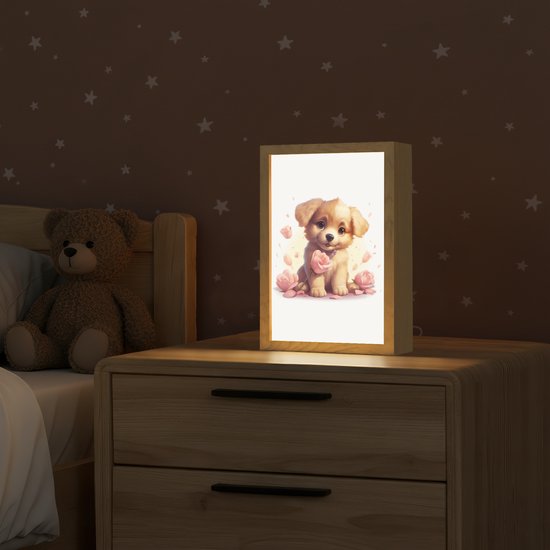 Nachtlampje 20x30 cm - Kinder lamp - Hond - Bloemen - Roze - Meisjes - Kind - Tafellamp kinderkamer - Slaapkamer lamp - Bedlamp kinderen - Kinderlampje stopcontact - Wandlamp babykamer - Nachtlampjes van CombiCraft — afbeelding 2