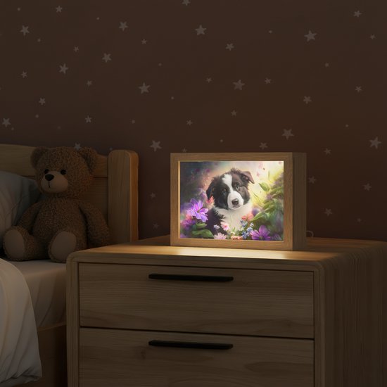 Nachtlampje 20x15 cm - Kinder lamp - Puppy - Zon - Bloemen - Natuur - Bordercollie - Hond - Tafellamp kinderkamer - Slaapkamer lamp - Bedlamp kinderen - Kinderlampje stopcontact - Wandlamp babykamer - Nachtlampjes van Smartprints — afbeelding 2