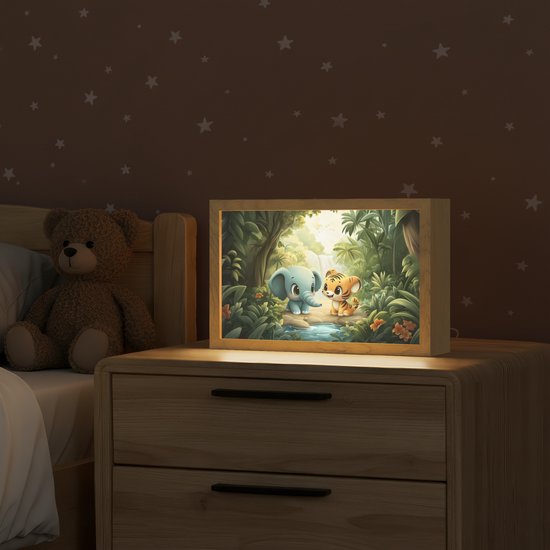 Nachtlampje 30x20 cm - Kinder lamp - Olifant - Tijger - Bos - Jungle - Tafellamp kinderkamer - Slaapkamer lamp - Bedlamp kinderen - Kinderlampje stopcontact - Wandlamp babykamer - Nachtlampjes van Merkloos — afbeelding 2