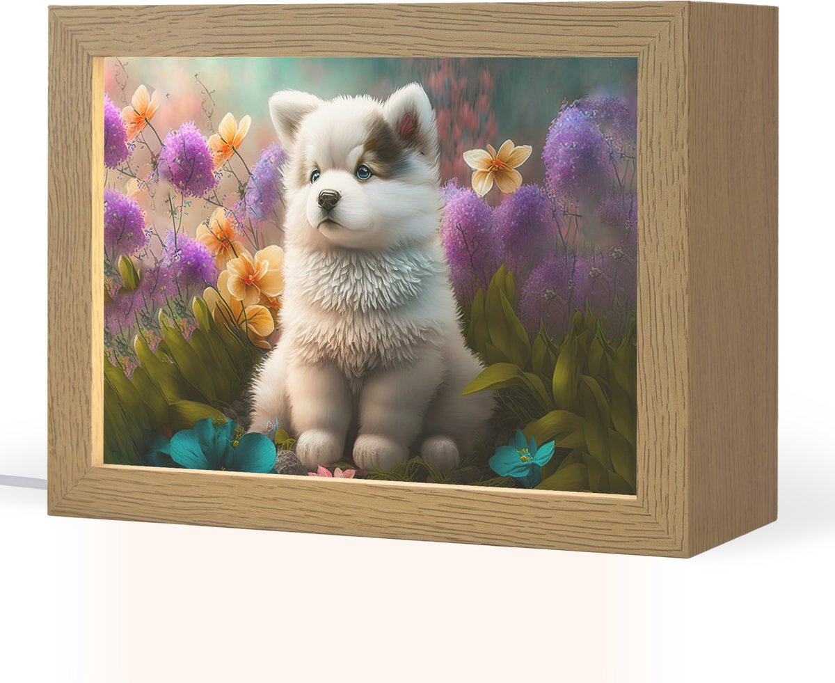 Nachtlampje 20x15 cm - Kinder lampje - Puppy - Bloemen - Planten - Natuur - Husky - Tafell