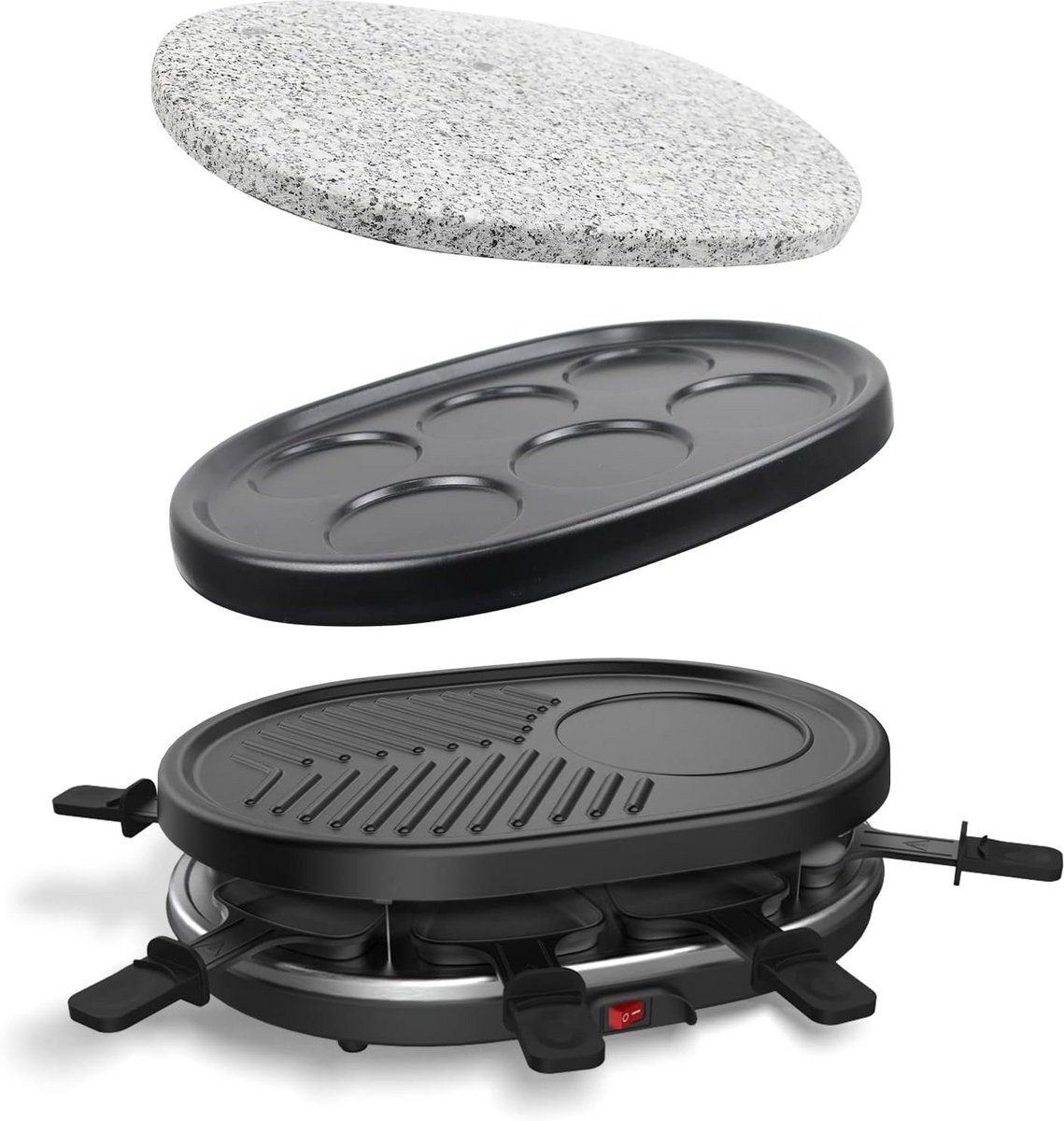 Multifunctionele Raclette Grill 4-in-1 voor 8 Personen met Steengrill en Pannen