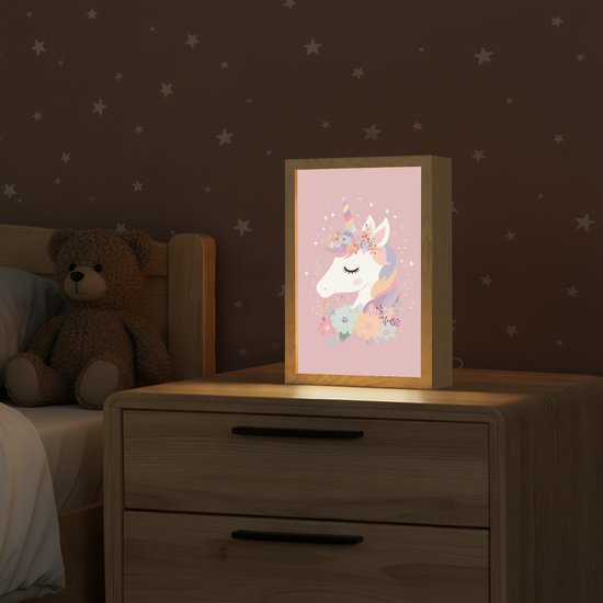 Nachtlampje 20x30 cm - Kinder lamp - Eenhoorn - Roze - Bloemen - Tafellamp kinderkamer - Slaapkamer lamp - Bedlamp kinderen - Kinderlampje stopcontact - Wandlamp babykamer - Nachtlampjes van Merkloos — afbeelding 2
