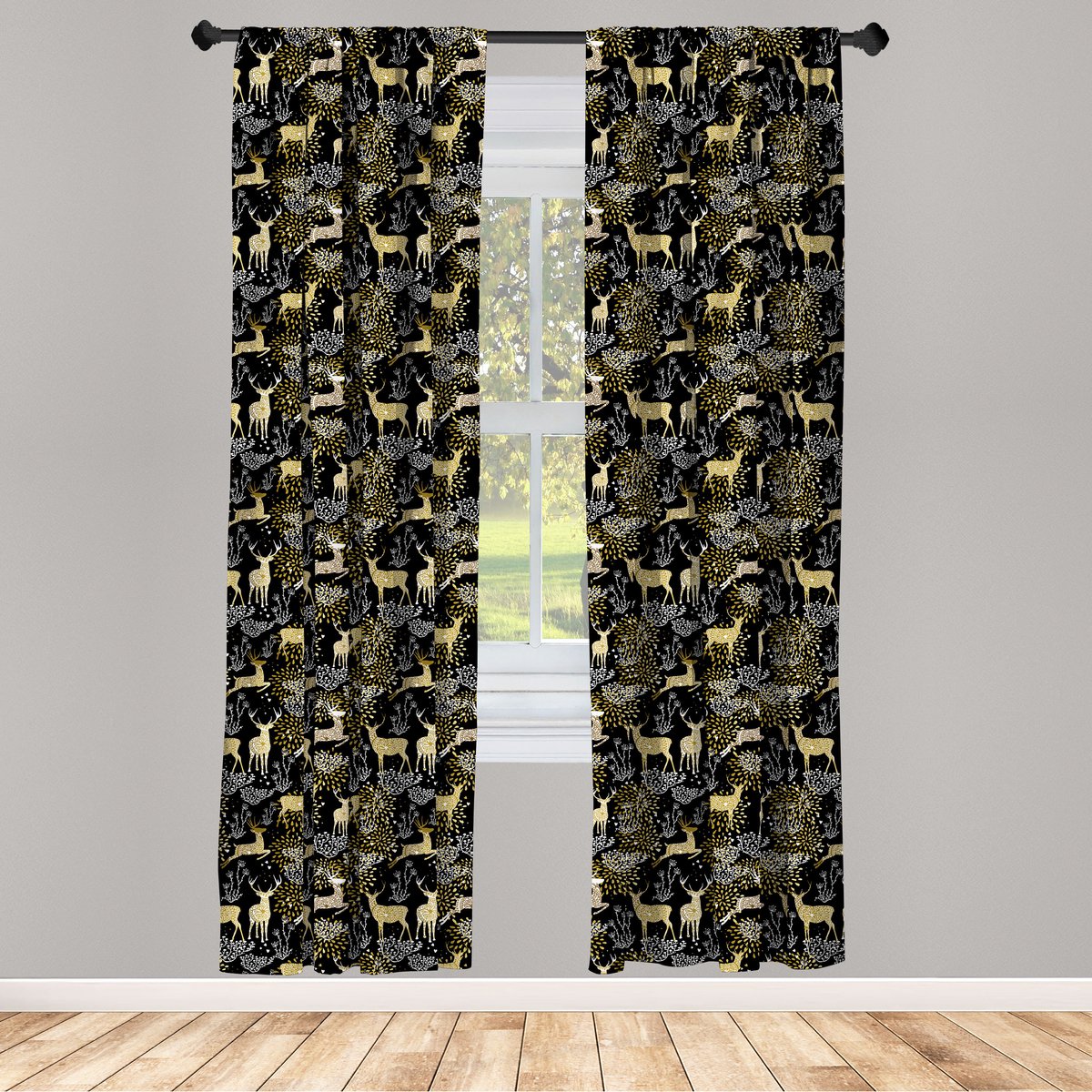 ABAKUHAUS Raamgordijnen – 2-delige set, Oosterse hertenmotief, 75×245 cm, Geel-Wit-Zwart