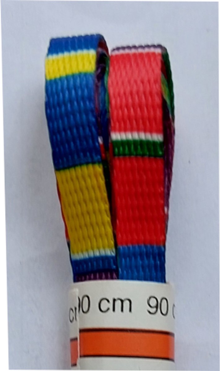 Bunnies Veter - Rood/Groen/Blauw/Geel/Paars/Wit - Meerkleurig - Plat - Lengte 90 cm - Breedte 6 mm - Schoenveter