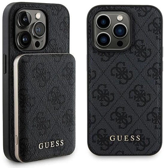 Guess - 4G - Ensemble de coques Métal Logo pour iPhone - 15 - Pro - + - 5000mAh - MagSafe - power bank - noir